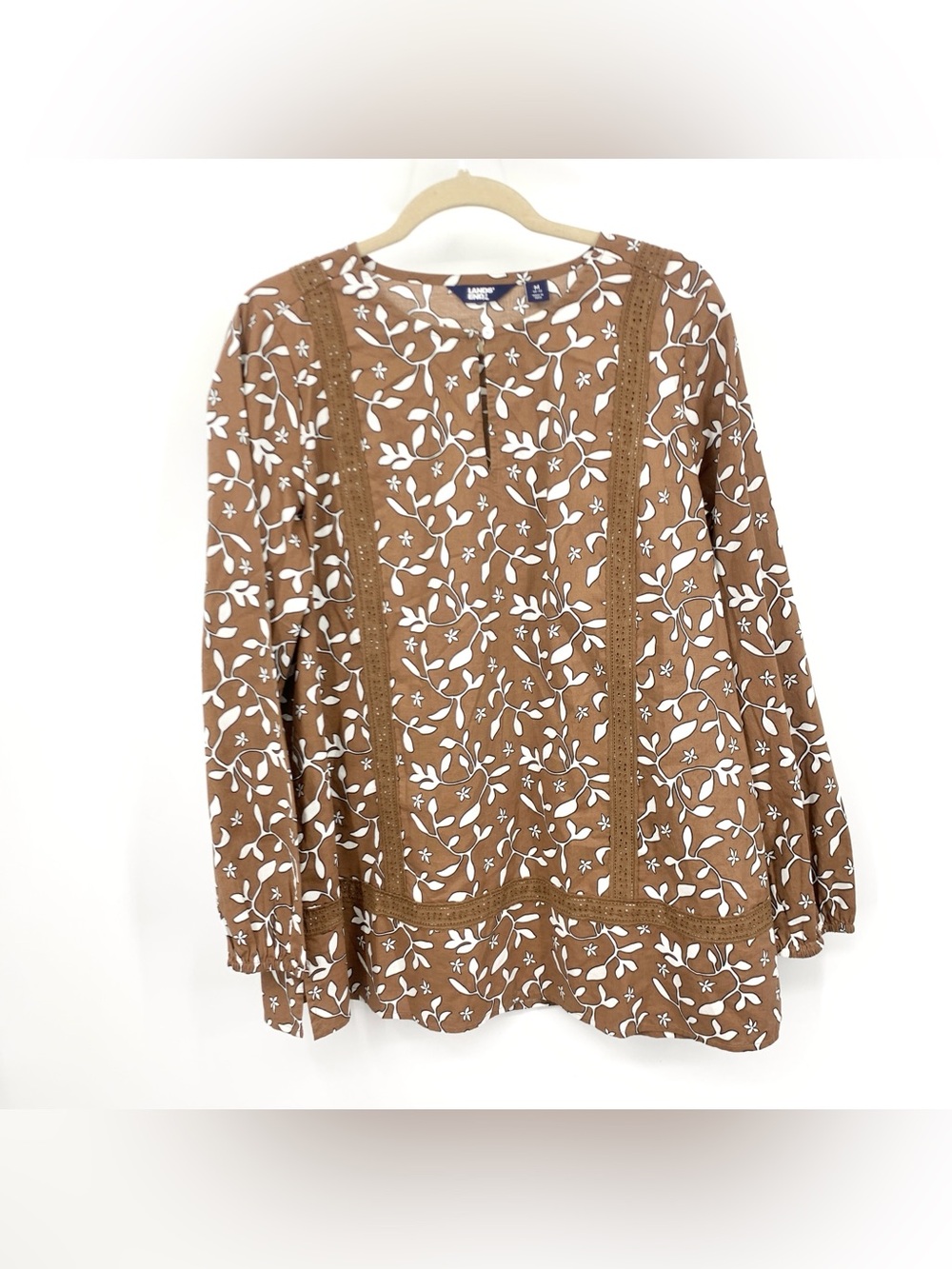 Lands End Women Size Medium 10 12 Shirt Brown Floral Crochet Tunic Top Cotton